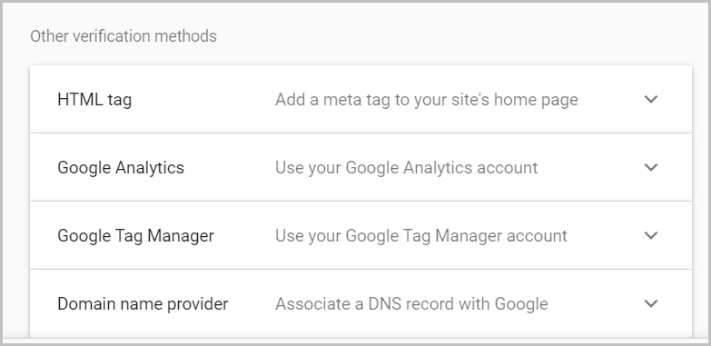 google search console basics - screenshot of the list of the 4 other methods to verify google search console
