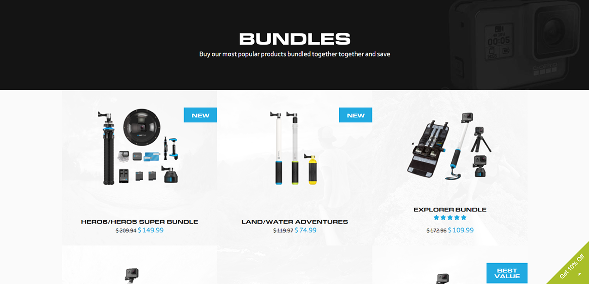 tips to increase average order value - bundling products example - gopole.com's bundle category page has a collage of products for each bundle. each bundle indicates the total savings as a percentage. the original price has a strikethrough and the new discounted price is beside it 