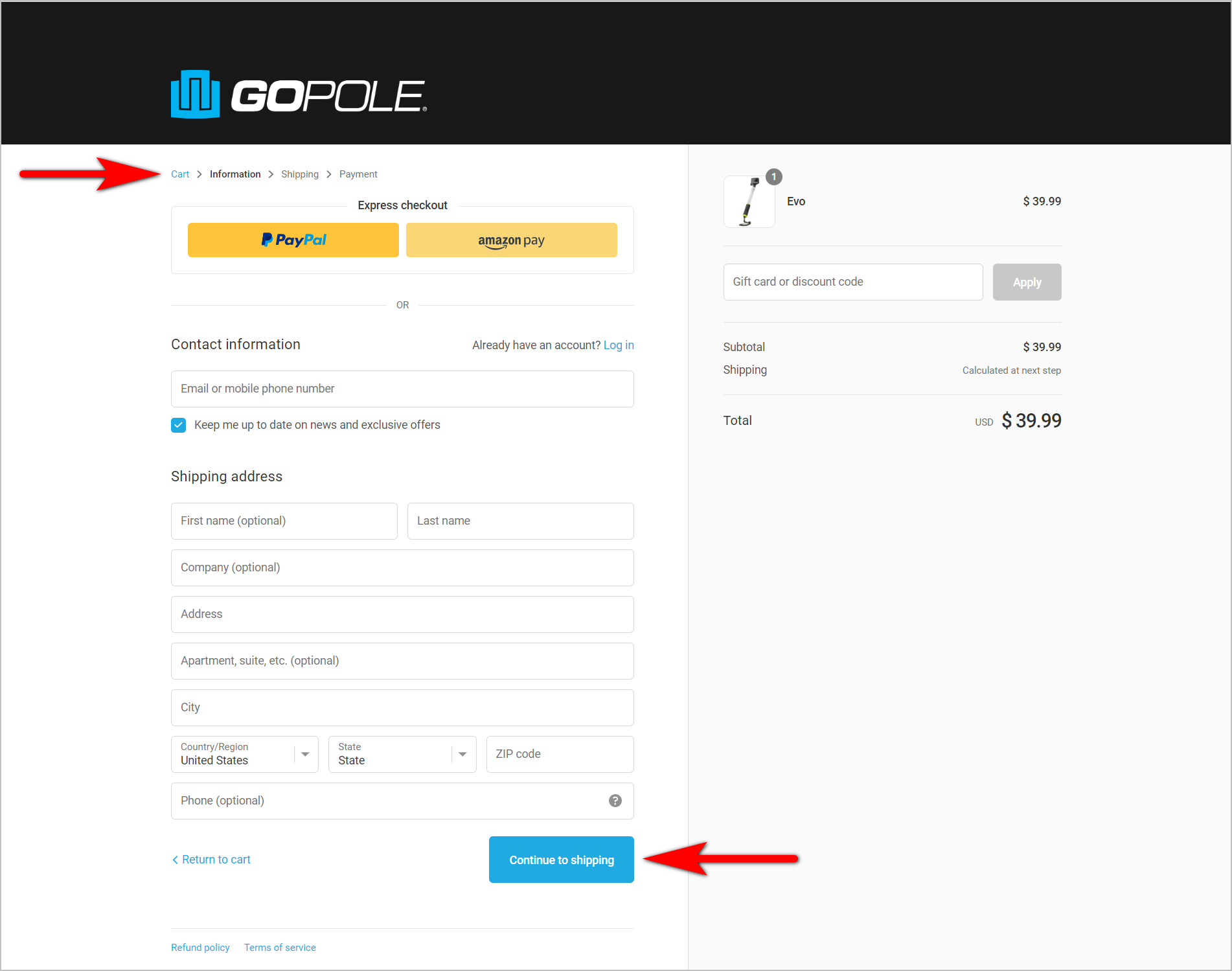 E-commerce checkout best practices example - Contact information page of GoPole.com’s checkout with breadcrumbs at the top 