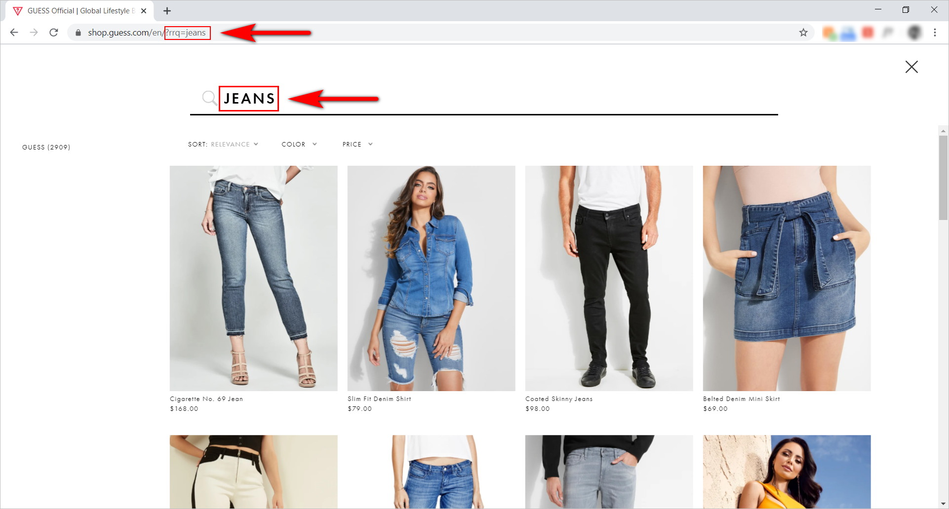 identifying url parameter for on-site search tracking example - shop.guess.com/en/ search results page for "jeans" showing shop.guess.com/en/?rrq=jeans as the URL