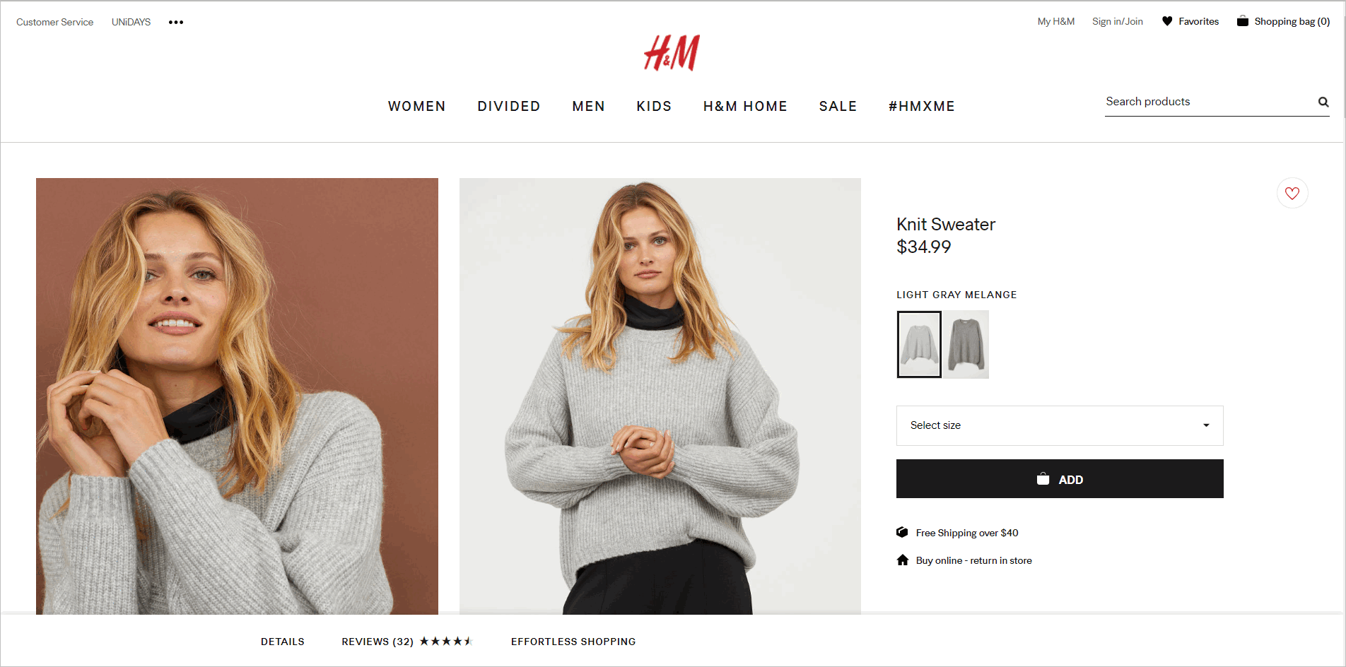 H&M.com's product detail page with the rating and review indicator at the bottom of the screen. 