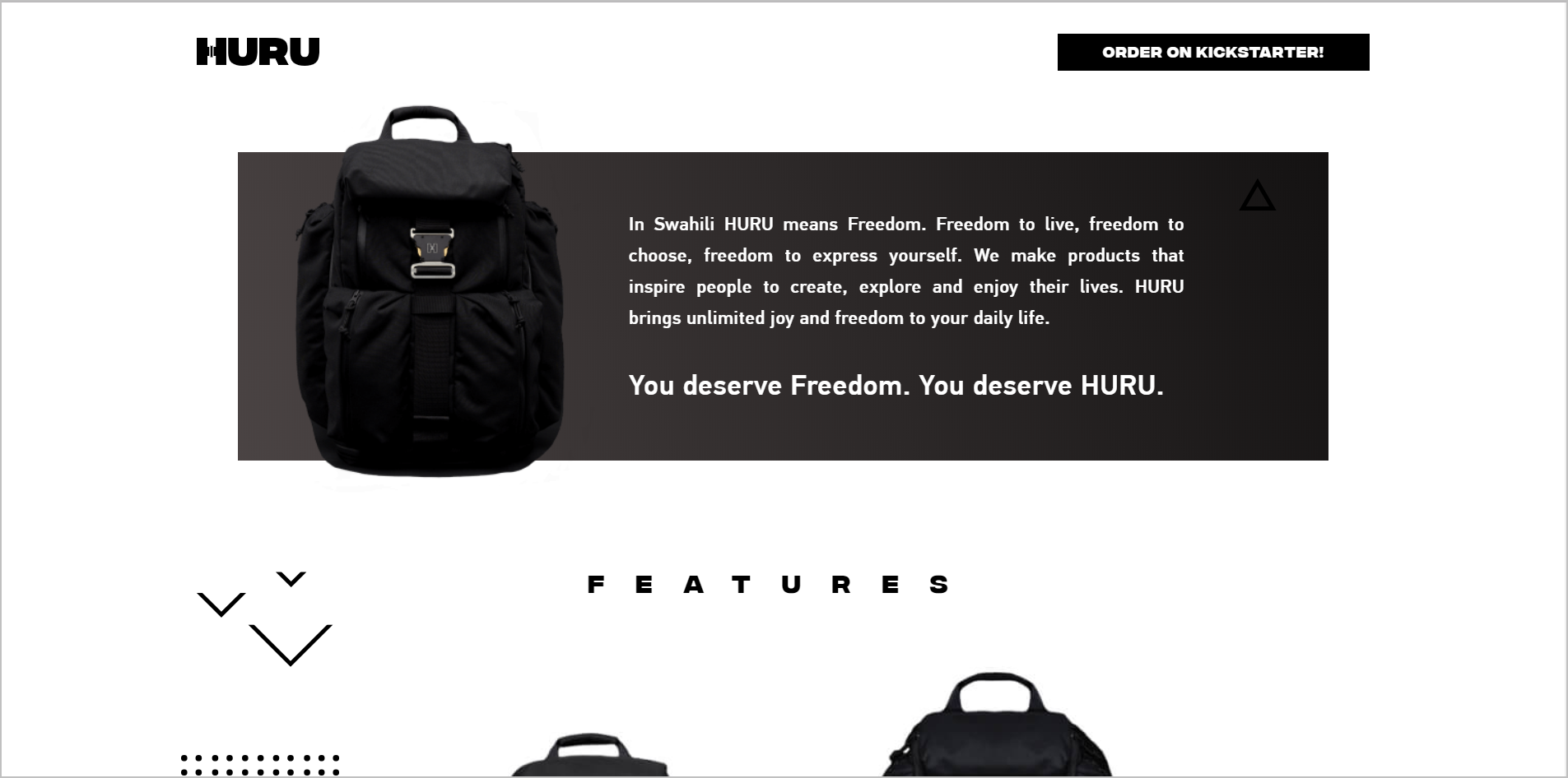 cta that blends in the page example - huru backpack product detail page using a black-and-white palette with a black cta button
