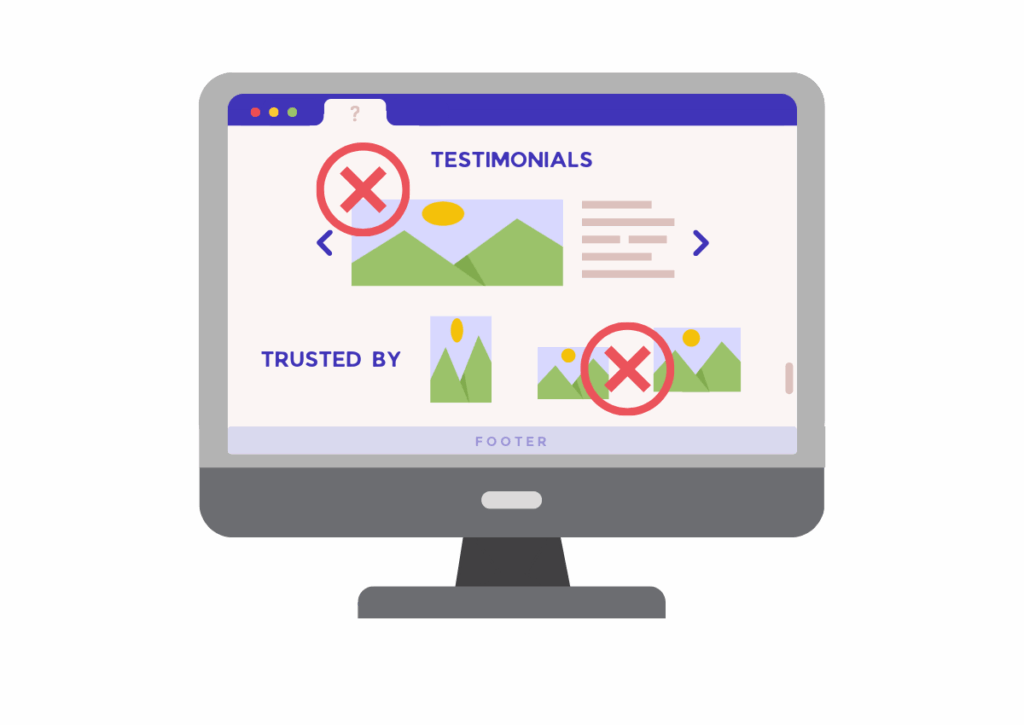 A desktop computer screen showing common mistakes companies make on their testimonial pages