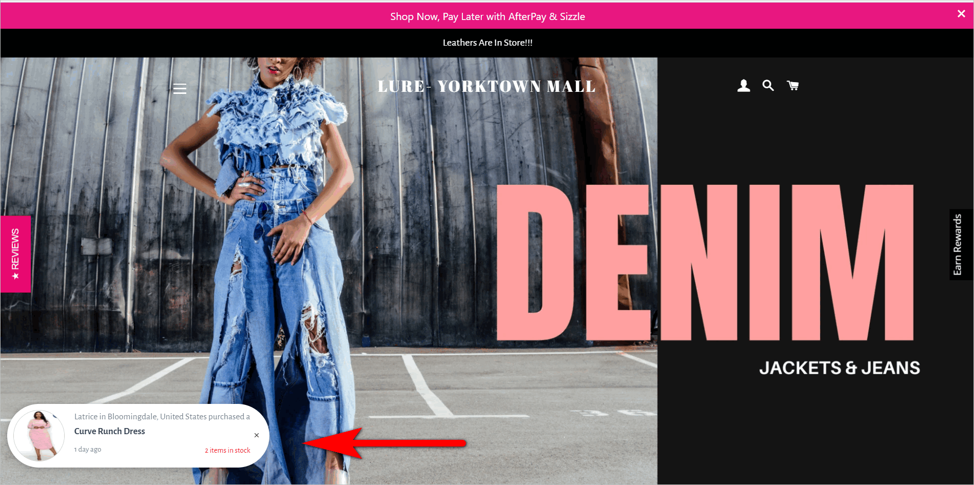 scarcity marketing - social proof example - ishoplure.com's homepage shows a recent sales popup on the lower left side of the page. the popup includes the first name and the location of the customer, the item they bought, and the number of items in stock for that product