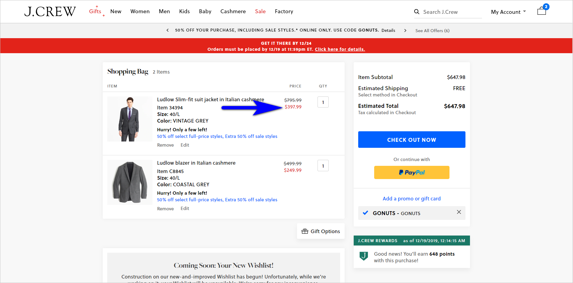 discount pricing strategies - failure to convey the effect of the discount example - jcrew.com shopping cart with a strikethrough on the original prices and the sale prices in red. the total amount saved is not included in the cta block, however