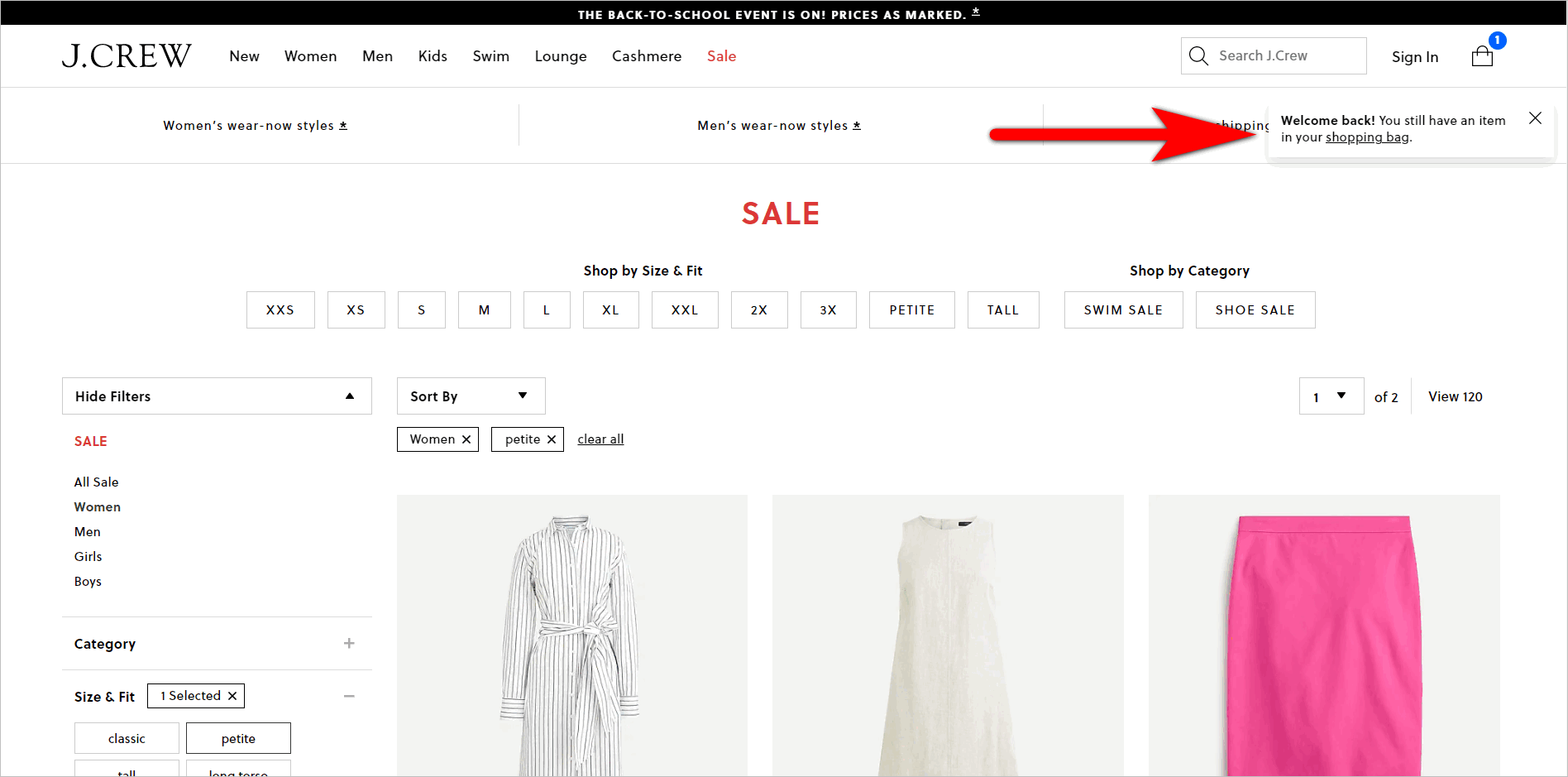 E-commerce checkout best practices example – Top area of Women’s Sale category page with callout message in the upper right.
