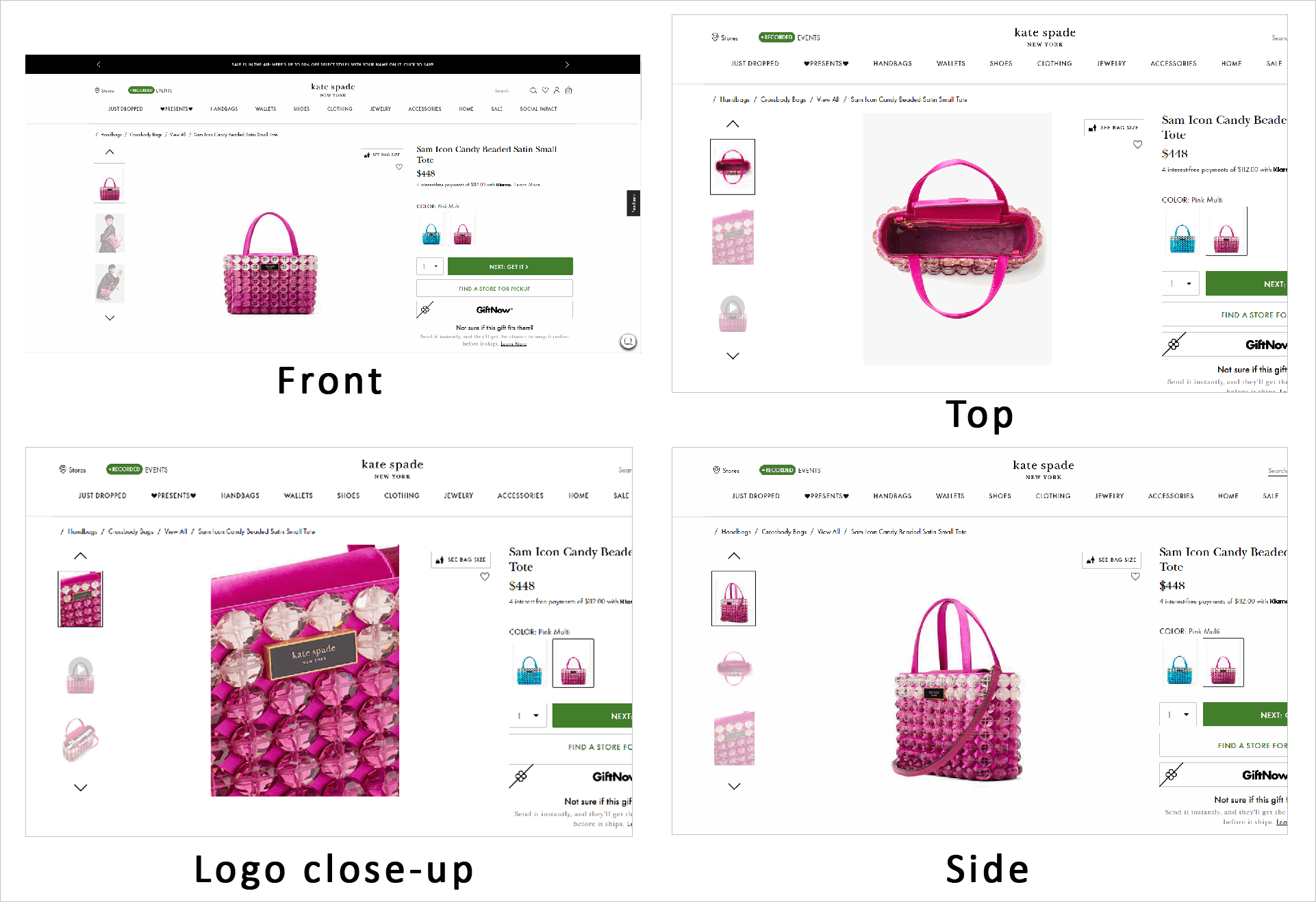 Collage of different e-commerce product images included in a product detail page for a pink bag