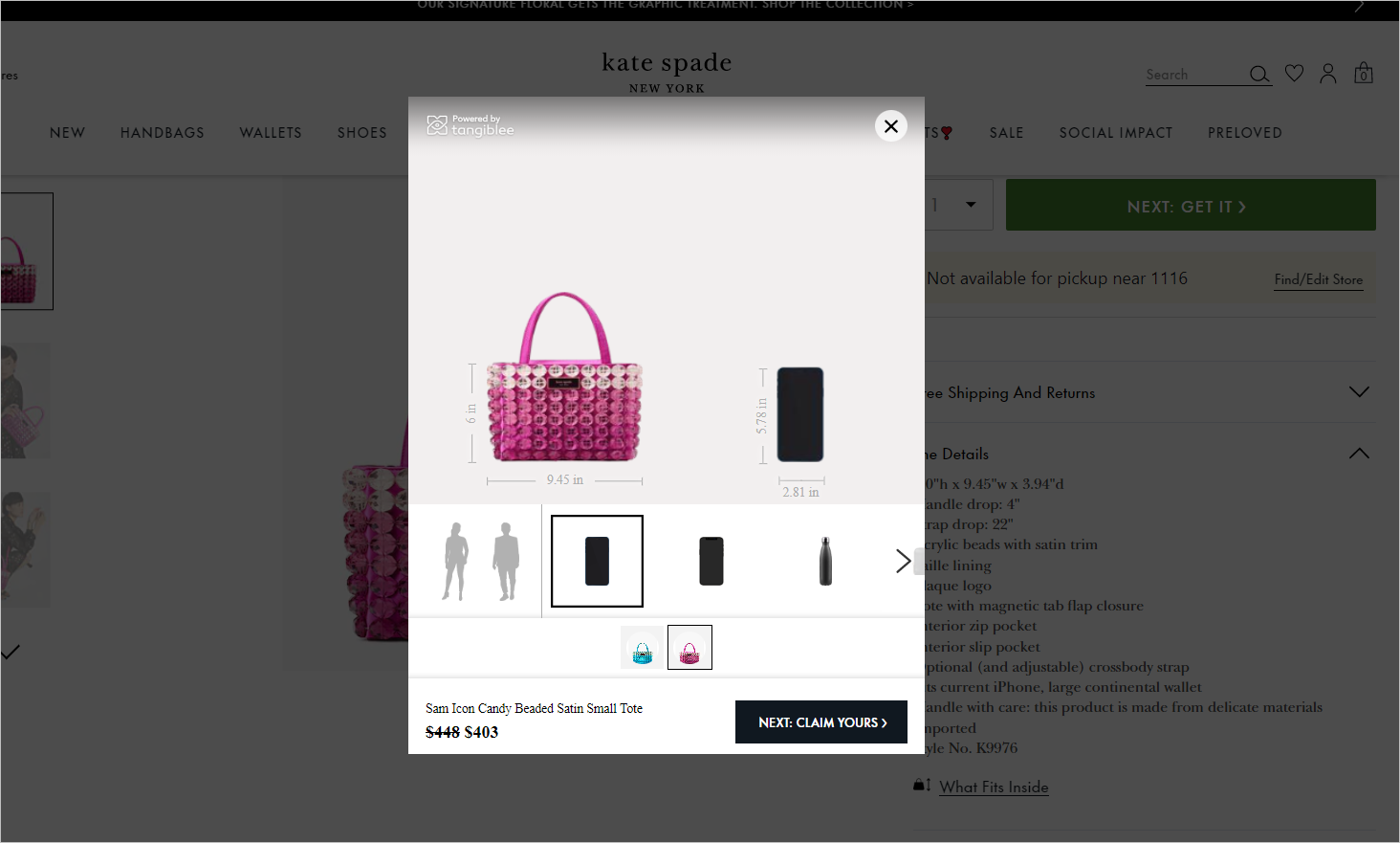 Visualization modal on PDP, showing a pink bag beside a phone illustration. The dimensions of the bag and the phone are indicated