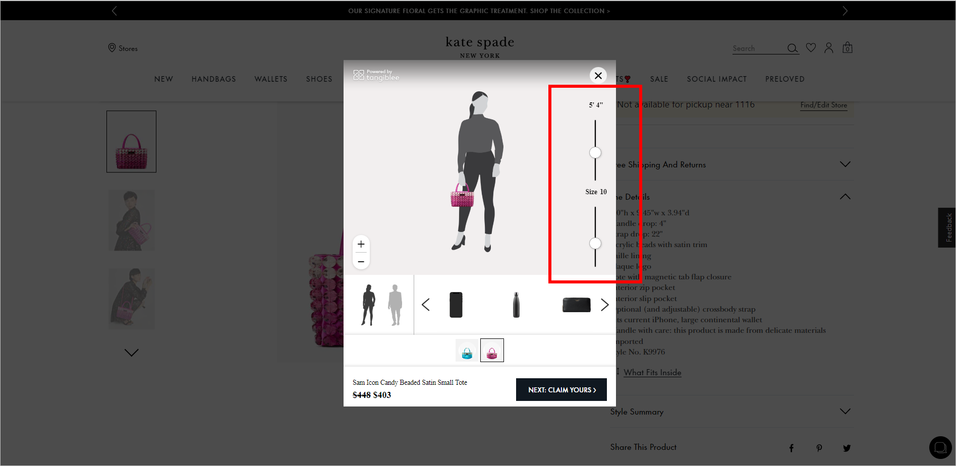 Tangiblee visualization modal on PDP. It shows an illustration of a woman standing, holding a pink bag. Controls allow users to change the model size