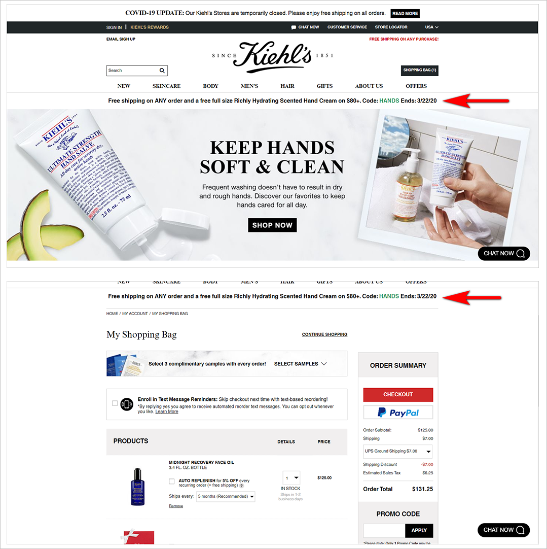 conserving memory load example - the top image is kiehls.com's homepage with a free shipping promotion banner with the code and end date running across at the top of the page, below the site id and navigation bar. the bottom image shows the site's shopping bag with the order summary and a promo code box . the shopping bag page retains the shipping promotion banner with the code and end date at the top