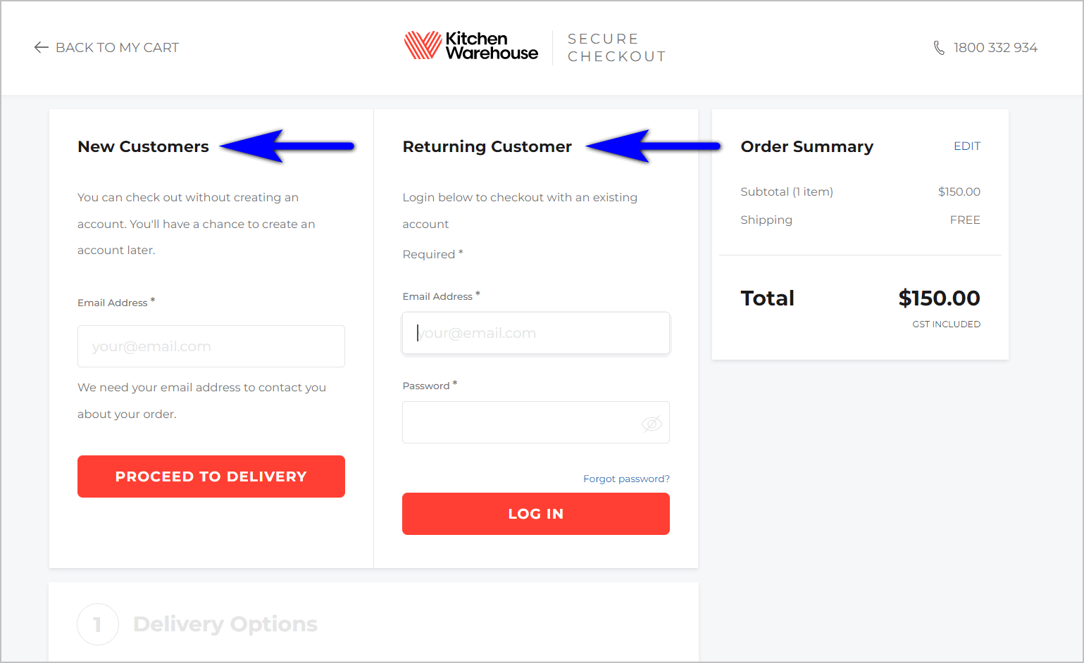 E-commerce guest checkout example – Kitchen Warehouse checkout page with separate sections for new and returning customers