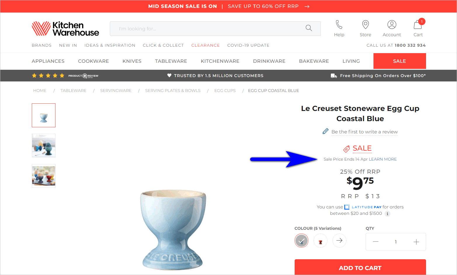 limited time offer example - kitchenwarehouse.com.au's product detail page for an item on sale shows the original price, the sale price, and the sale price end date