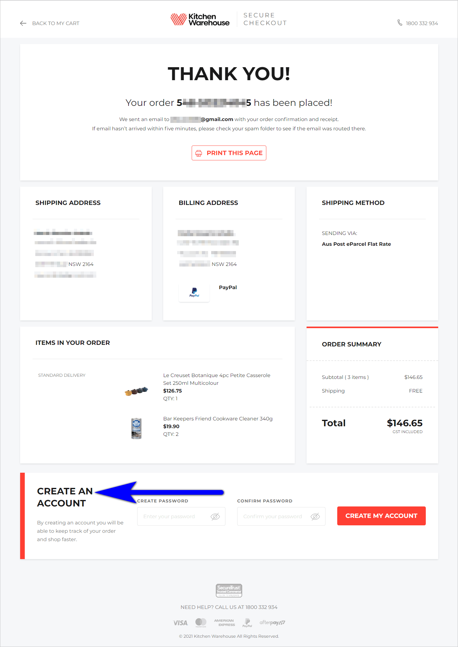 Order confirmation page with a Create an Account section at the bottom, below the order details and order summary sections