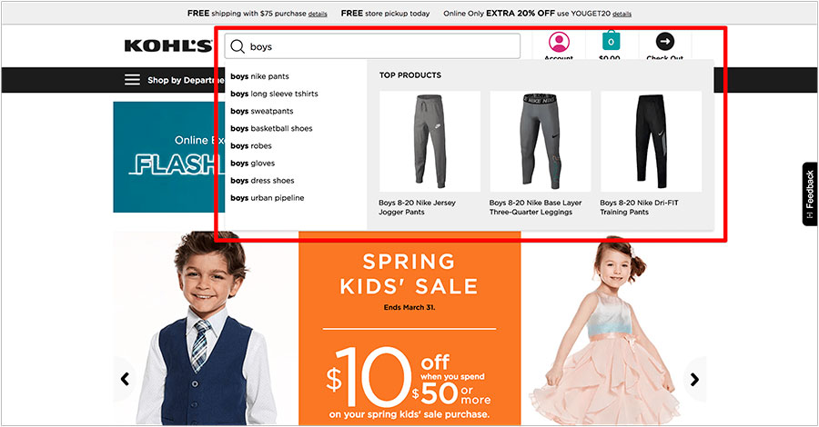 kohls predictive on-site search