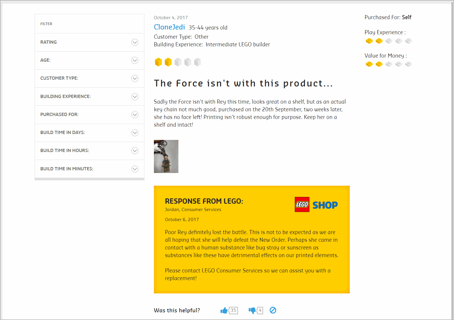 Product review on shop.lego.com's product detail page with response from Lego.