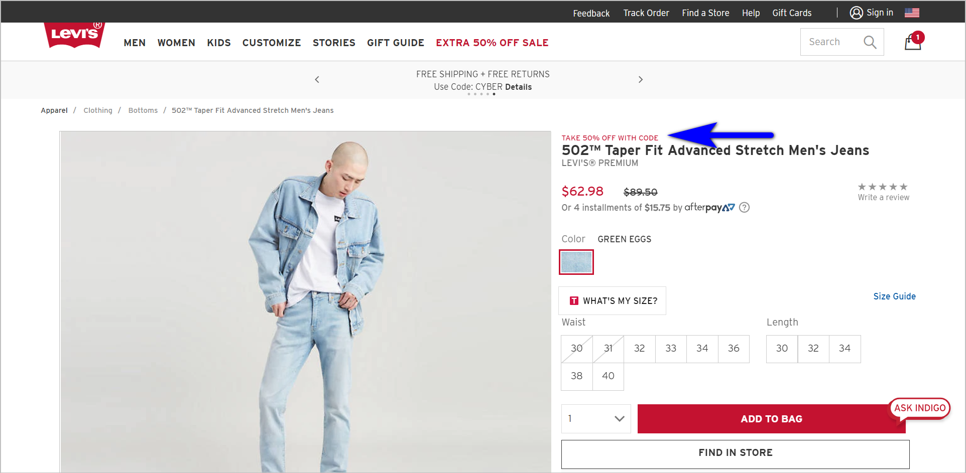 discount pricing strategies - discount on top of another discount example - levi.com pdp with a strikethrough on the original price and the sale price in red. on top of the product name, it says "take 50% off with code". global navigation also states "extra 50% off sale" in red