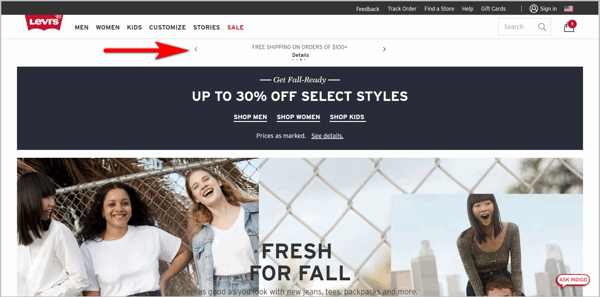 leveraging free shipping example- levi.com's homepage with message "free shipping on orders of $100+" that's bound to be missed by visitors because it's hidden in a small rotating slider below the top nav bar
