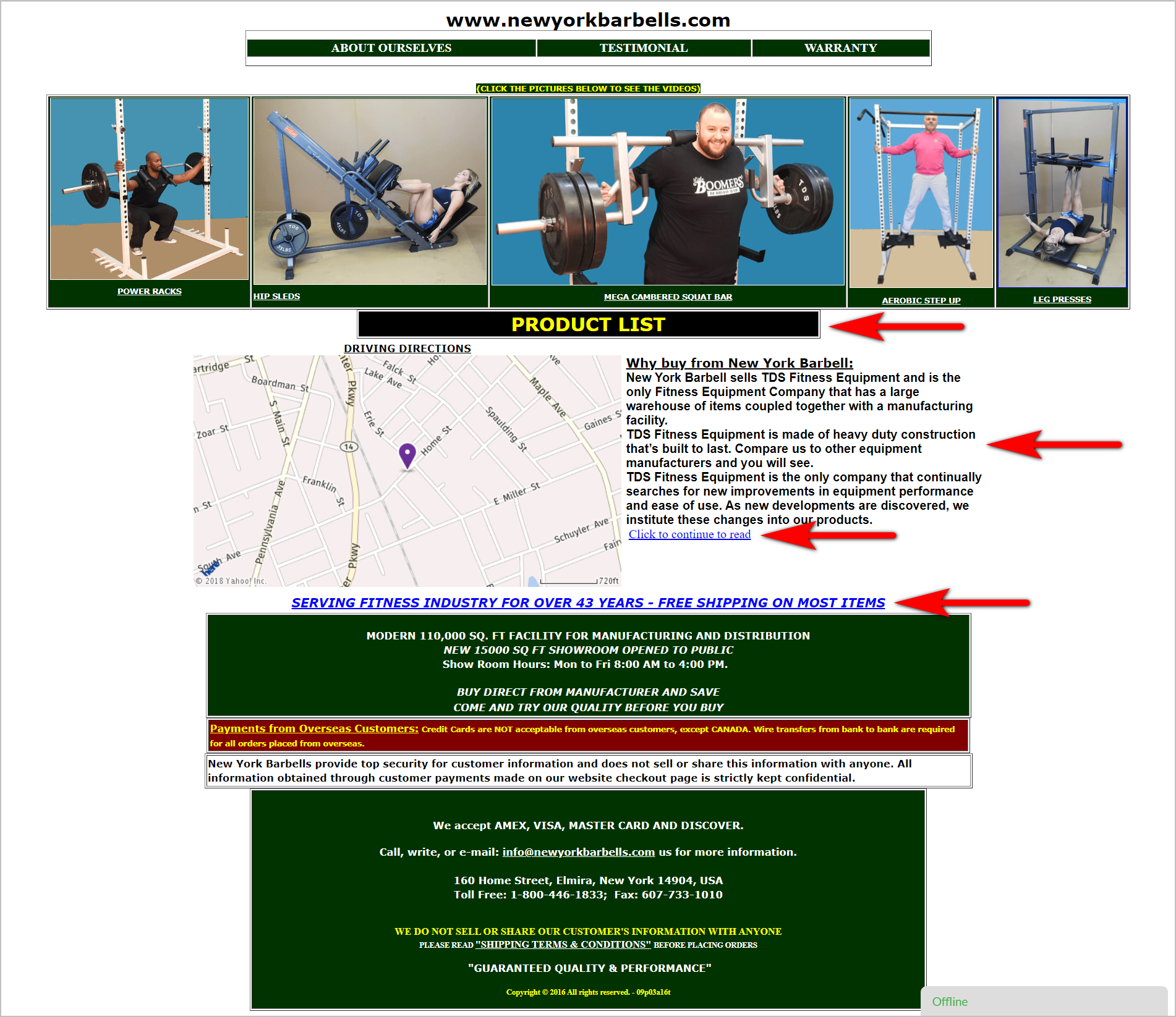 minimize cognitive load: overwhelming visual load example - newyorkbarbells.com homepage lacks a clear system to convey interactive versus non-interactive elements. "product list", for instance, is a section heading but is inside a black rectangular box with a prominent border, making it look like a button. the page also seems to use colors randomly - there's white text against a green background, bright yellow text against a black background, bright yellow text against a maroon background, and a combination of white and bright yellow text against a green background. the page is also text-heavy with blocks of text all over