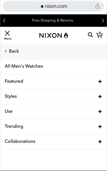 mobile ux best practice - nixon.com's mobile homepage with the hamburger menu expanded