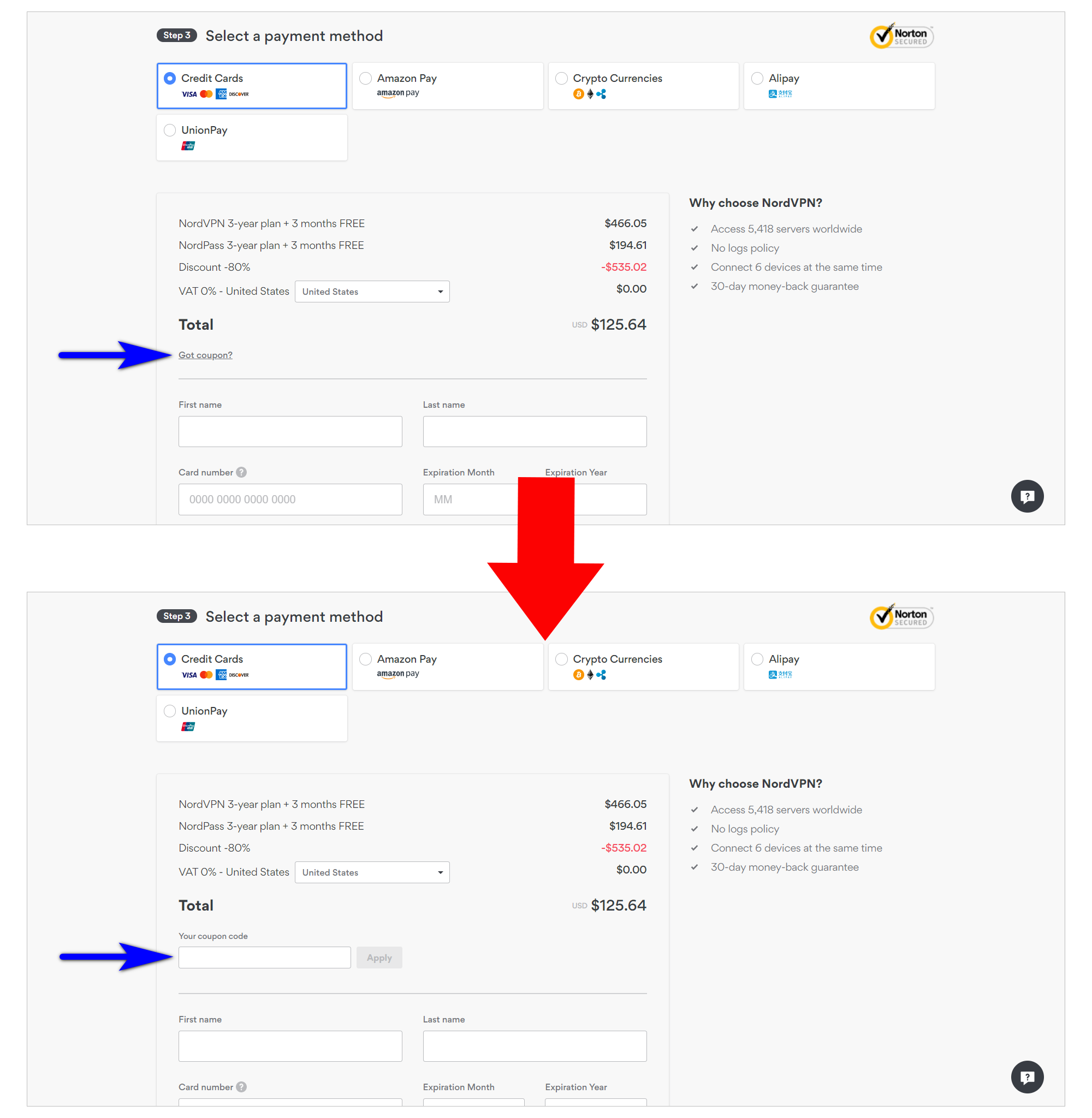 discount pricing strategies - example of de-emphasizing the promo code field. first image shows nordvpn's payment section with an underlined "got coupon?" in small text. second image shows what happens when the text is clicked on - a box titled "your coupon code" is exposed