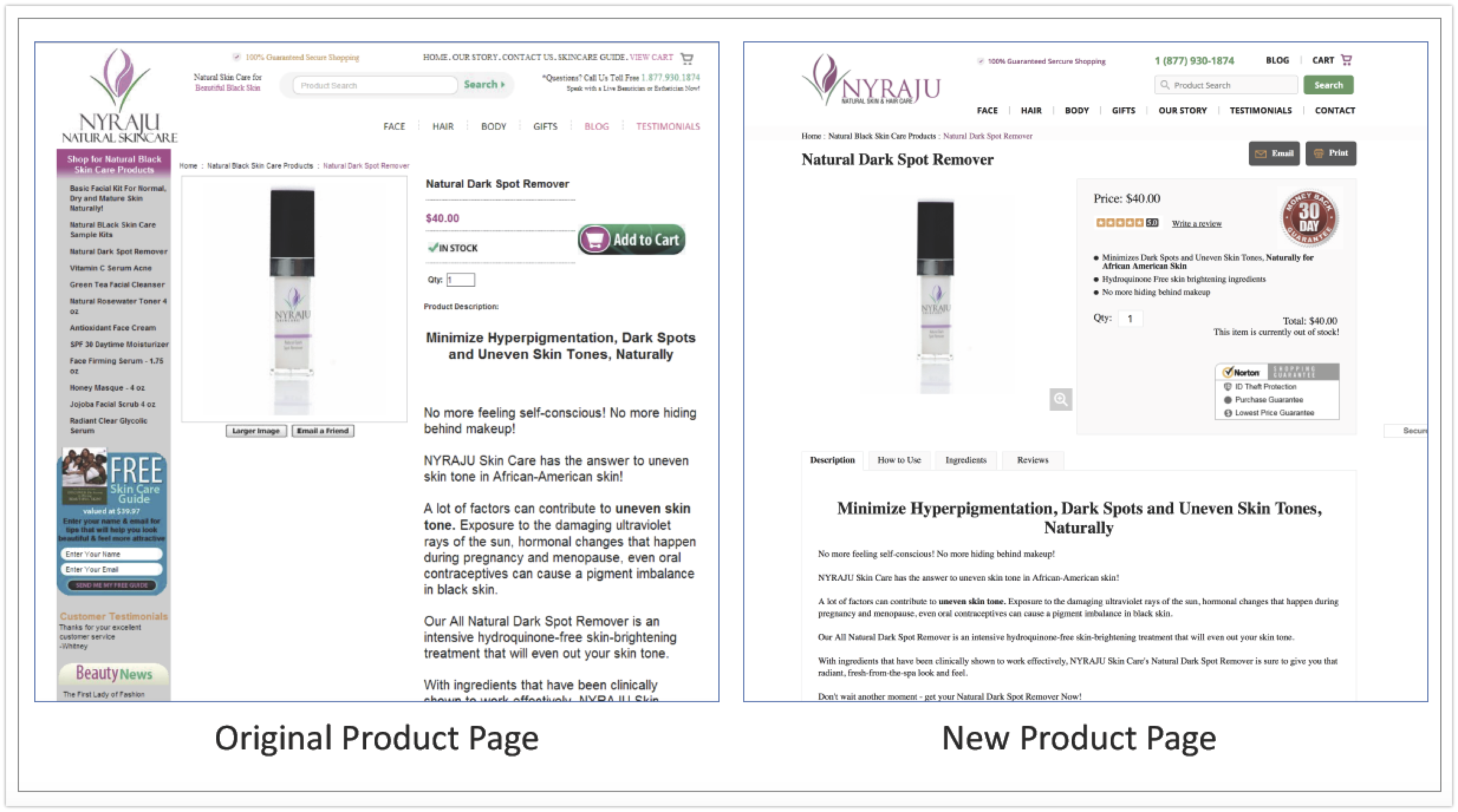 Nyraju Original Vs New Product Page