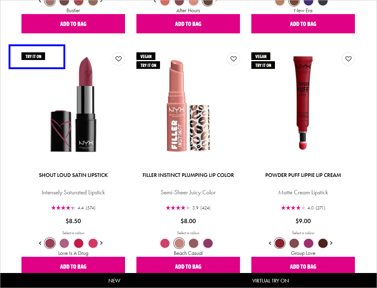A cosmetics webpage with three lip products. Each has a name, star ratings, price, available colors, and CTA button below it
