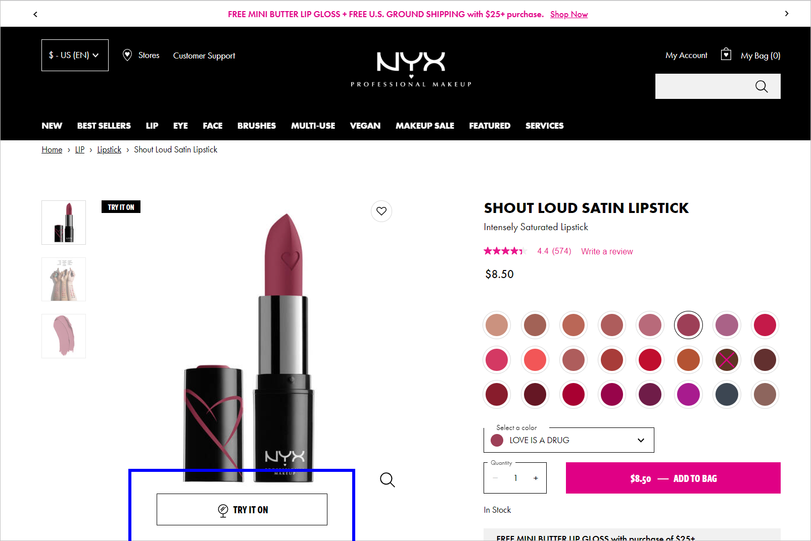 Lipstick product mages on the left and product details on the right including star ratings, colors available, and CTA button