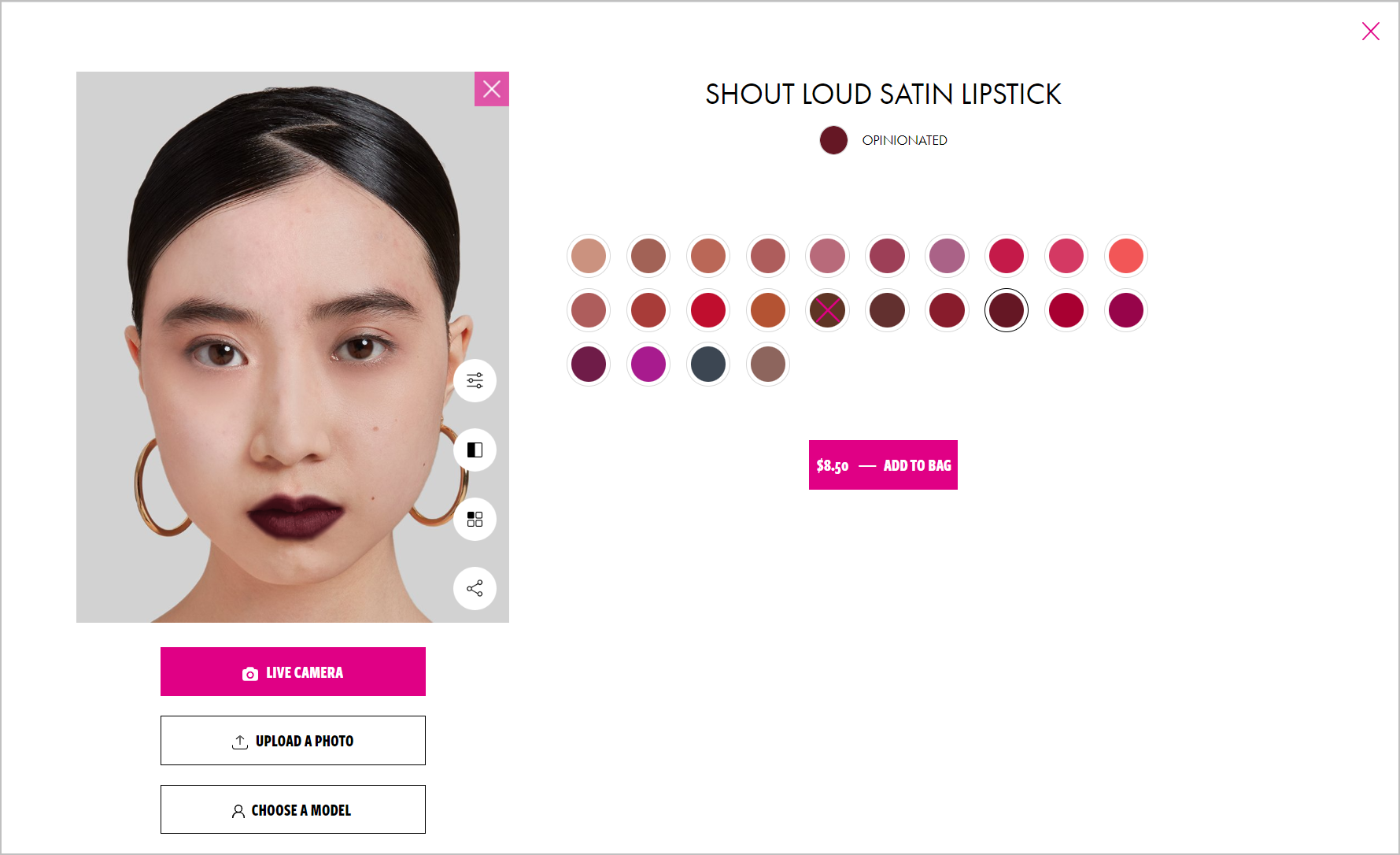 An image of a girl on the left with buttons below it. The product name, available colors, and CTA button are on the right.