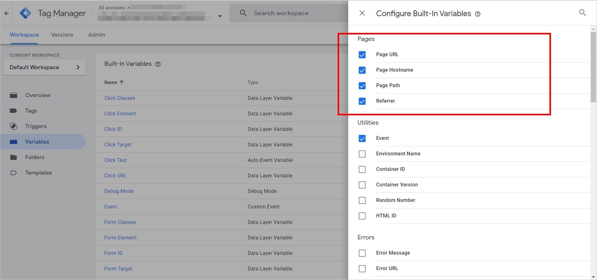  track pdf downloads google tag manager - configure built-in variables panel with the pages variables clicked and highlighted