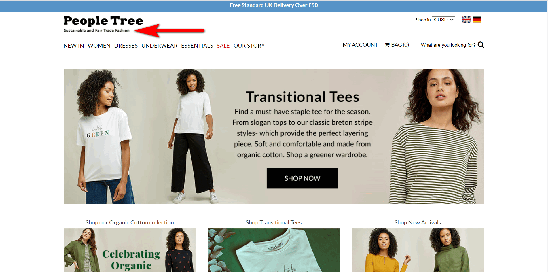 Conversion rate optimization for e-commerce example. Homepage with the tagline below the logo in the upper left corner of the page