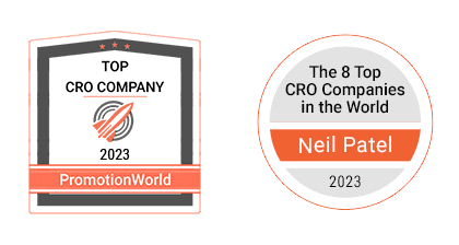 two graphics. On the left is from PromotionWorld, that listed SiteTuners as one of the top CRO companies for 2023. The graphic on the right is from Neil Patel, that includes SIteTuners in the top 8 CRO companies in the world for 2023