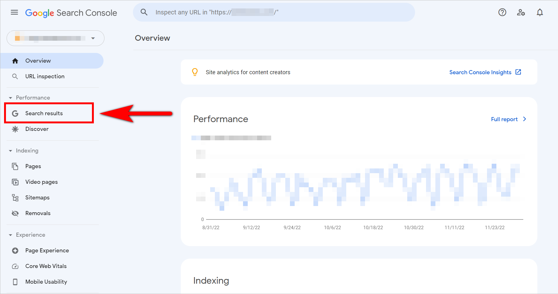 Google Search Console Basics – Search results link in the left panel of GSC is boxed for visual emphasis