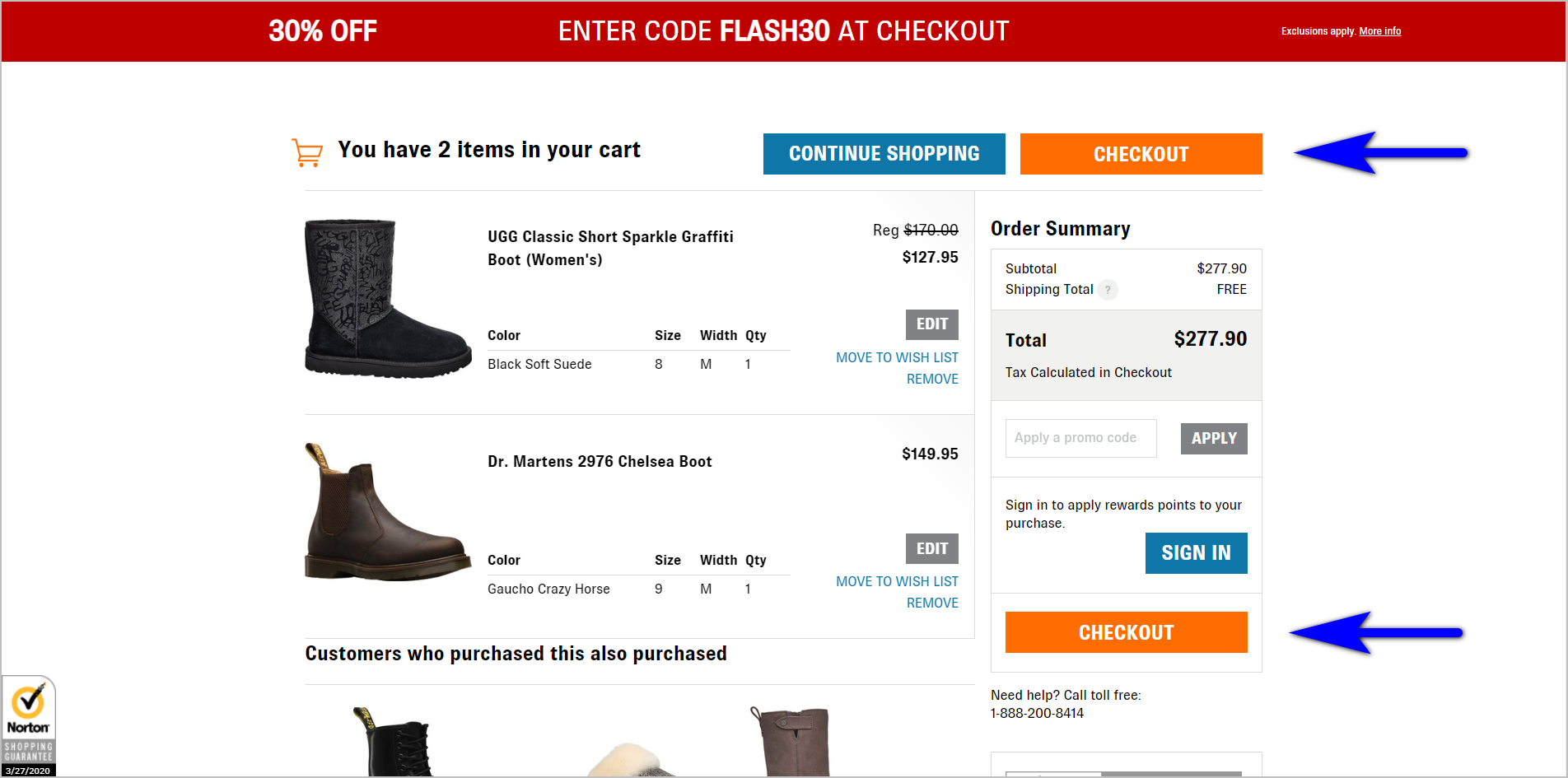 reducing motor load example - on the right side of shoes.com's shopping is an orange "checkout" button at the top beside a blue "continue shopping" button. below the "checkout" button is the order summary with the breakdwon of the total amount due. below the order summary is another orange "checkout" button