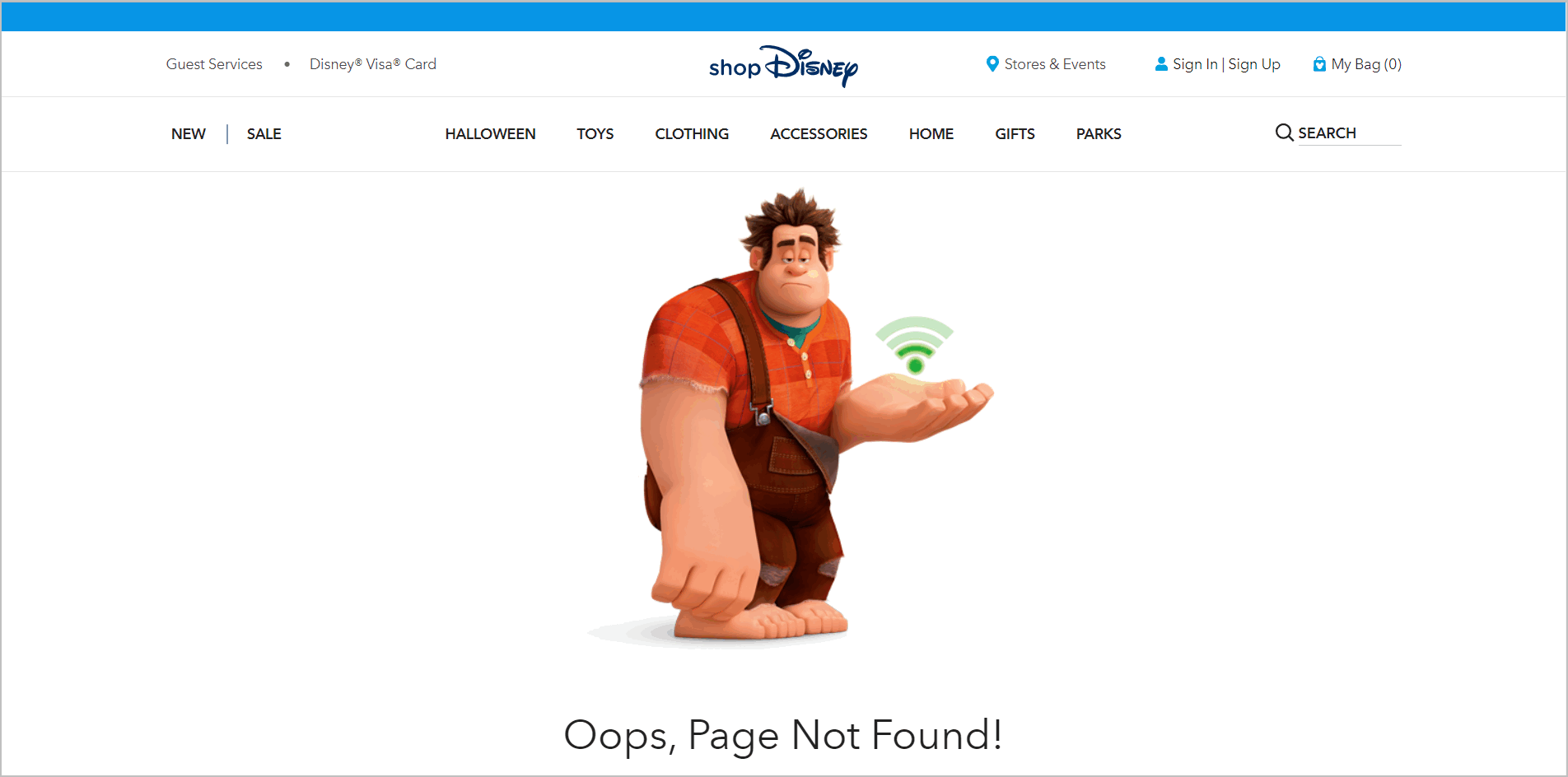 cute ecommerce 404 page design example - shopdisney.com's error page with a photo of Wreck-It-Ralph and a message that says "Oops, Page Not Found!"