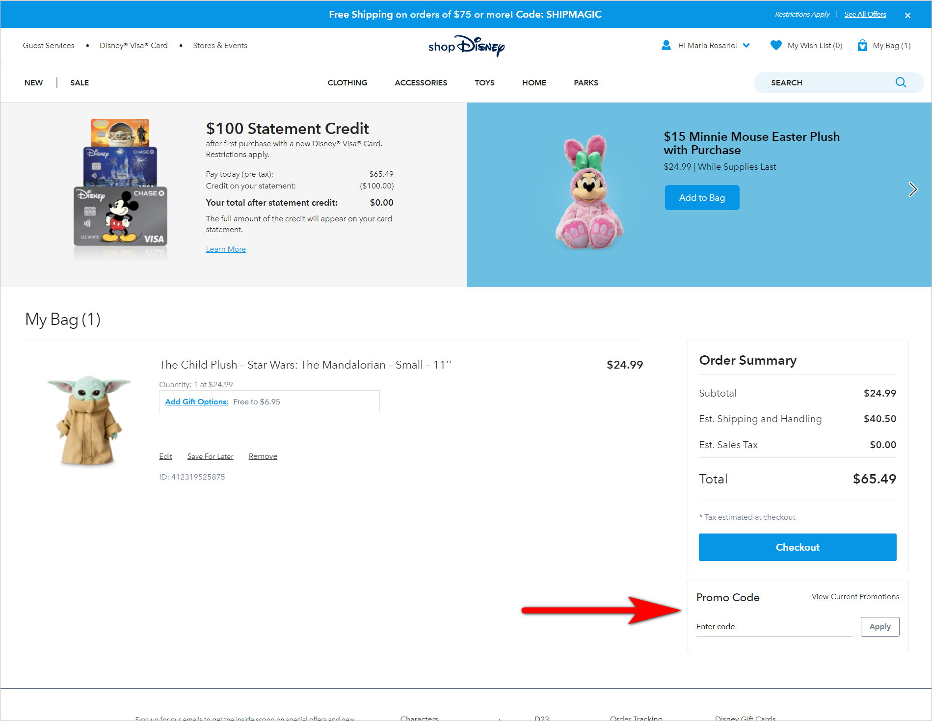 Conversion rate optimization for e-commerce example. Shopping bag page with the promo code field below the checkout button