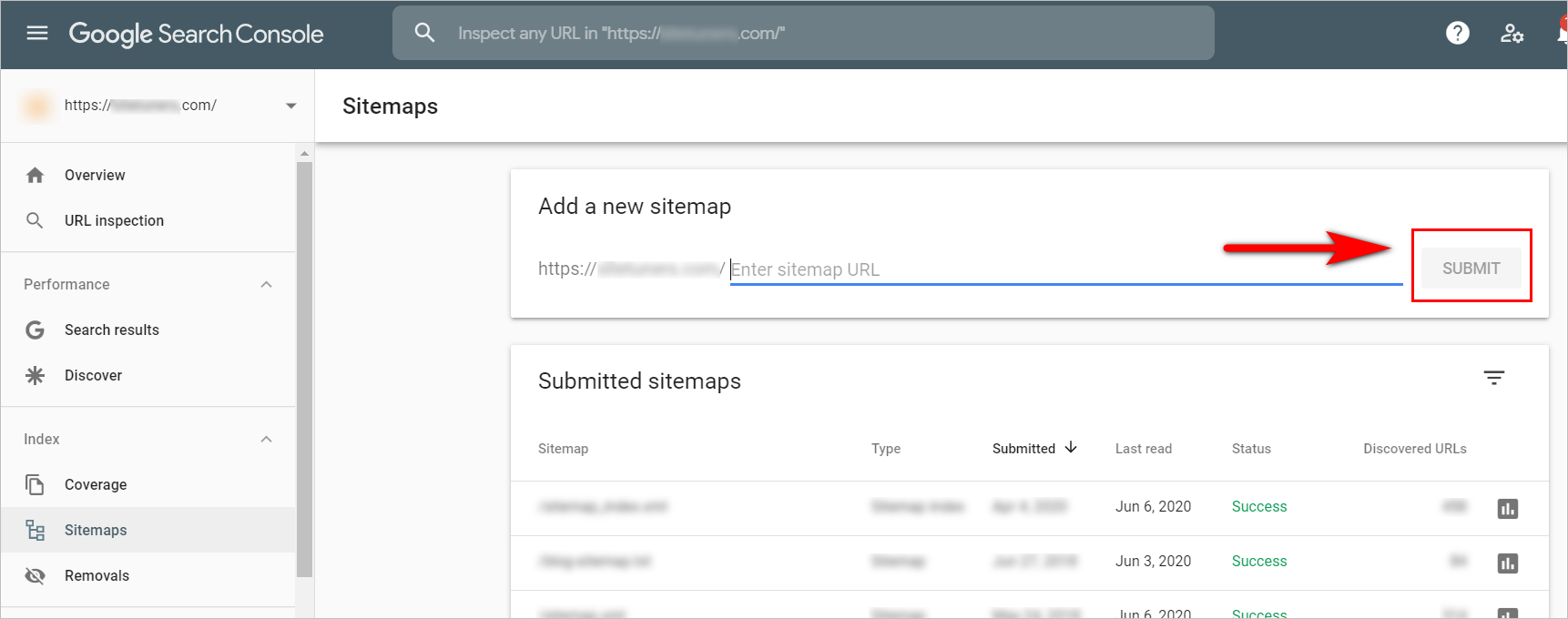google search console basics - screenshot of the sitemaps page. it has a "add a new sitemap" area with a bar where users can put their sitemap URL. below is a "submitted sitemaps" section with a table of sitemaps, including the type, the date they were submitted, when they were last read, the status, and the number of discovered urls