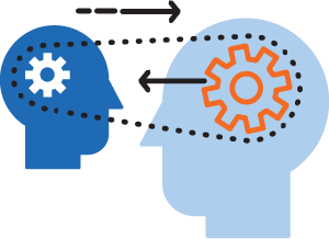 illustration of two heads looking at each other with cogs in their head