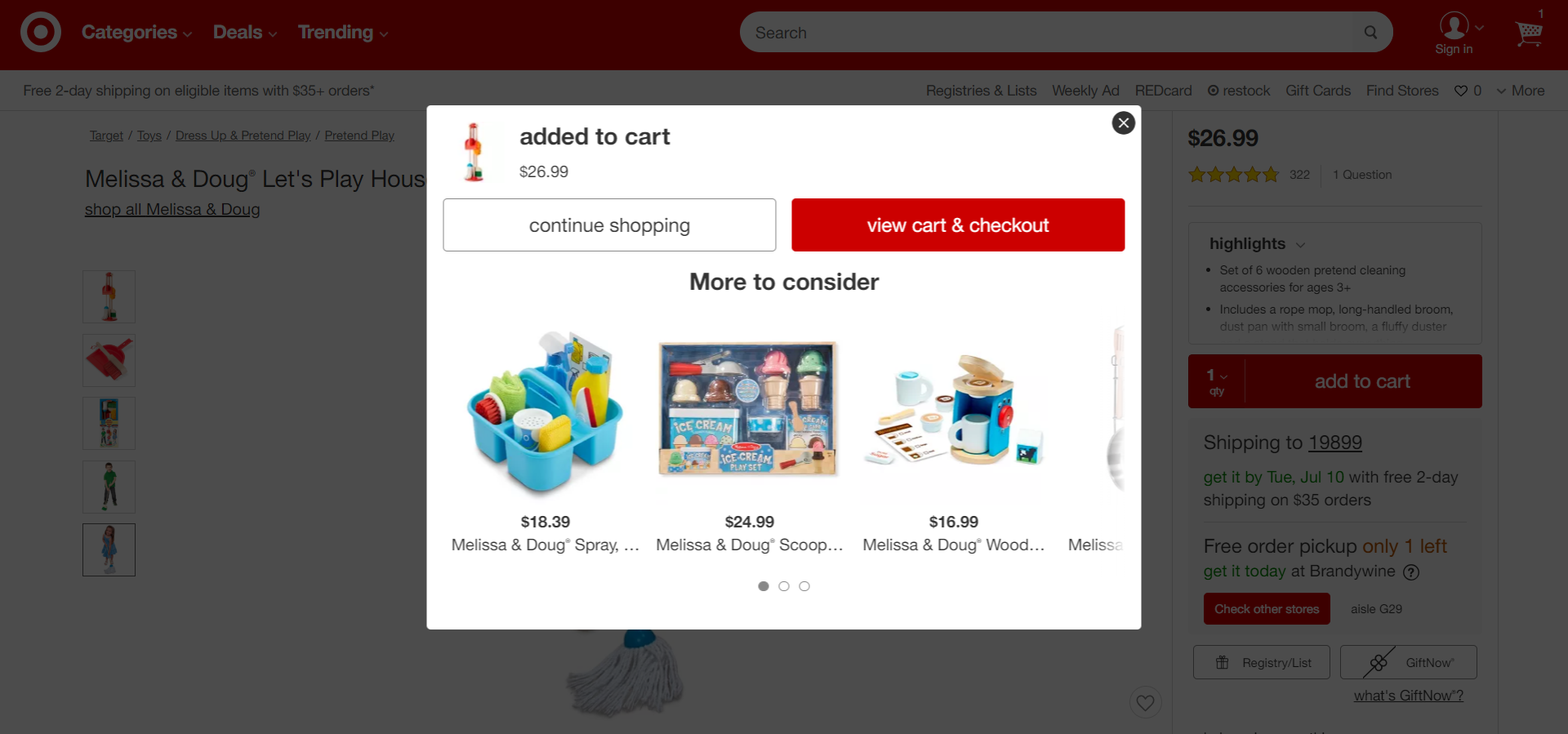 ways to increase average order value - showing related products example - target.com product detail page grayed out with added-to-cart pop-up. below the "added to cart" message are a "continue shopping" ghost button and a red "view cart & checkout" button. under the buttons is a "more to consider" section with a carousel of recommended products