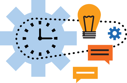 illustration collage of a cog with a clock in it, surrounded by a lightbulb and chat dialog boxes