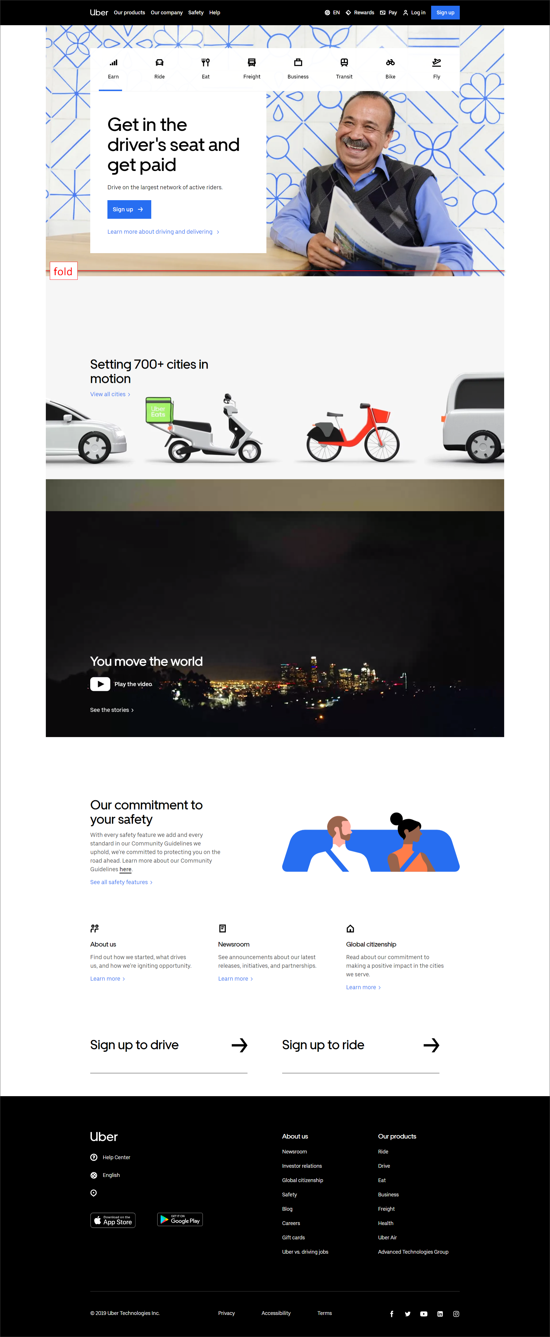Uber.com: Example of good homepage design - distinct user tasks, pathway for early stage visitors