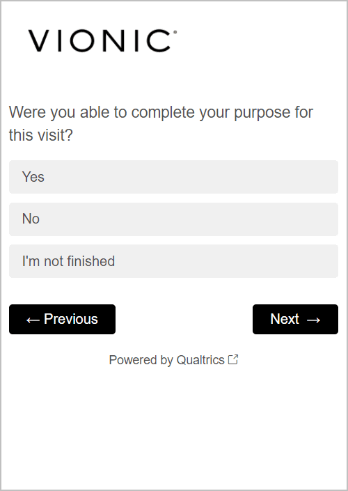 best website survey questions - vionicshoes.com's version of question 3 - were you able to complete your purpose for this visit?