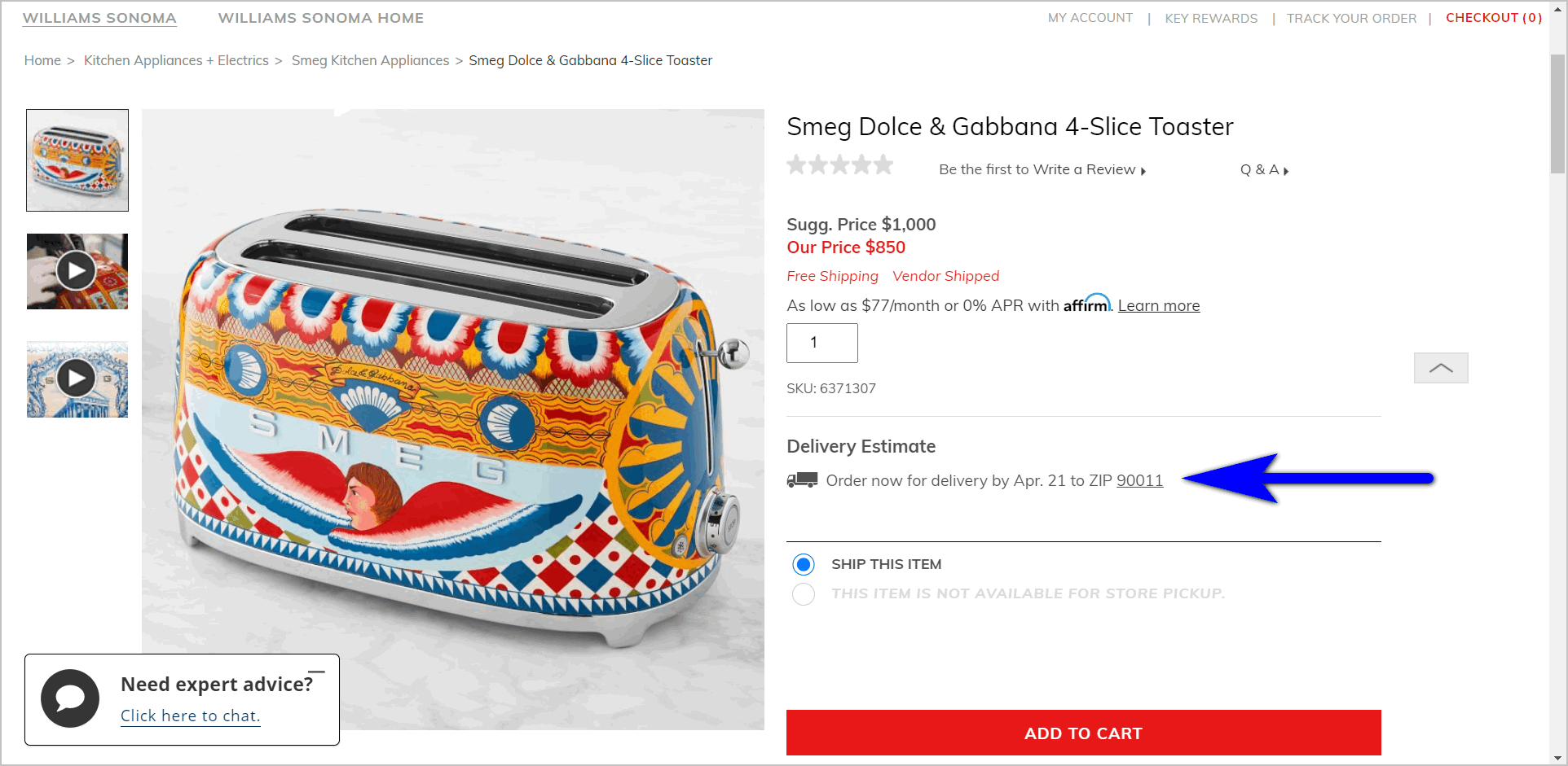 date-sensitive delivery example - williams-sonoma.com's product detail page has a delivery estimate in the action block. it tells shoppers the date the product can be delivered by if they 