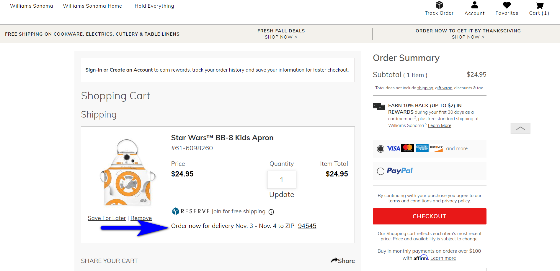 Shopping cart page with product and delivery details on the left side and order summary with red checkout button on the right
