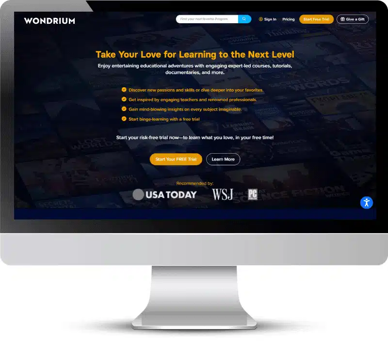 desktop computer with the Wondrium landing page displayed on the screen