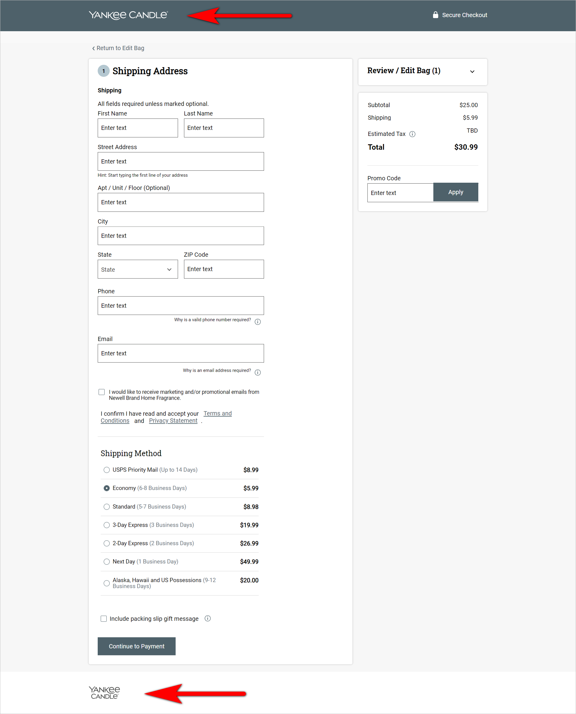 E-commerce checkout best practices example – Yankee Candle’s checkout page has a limited header and no footer
