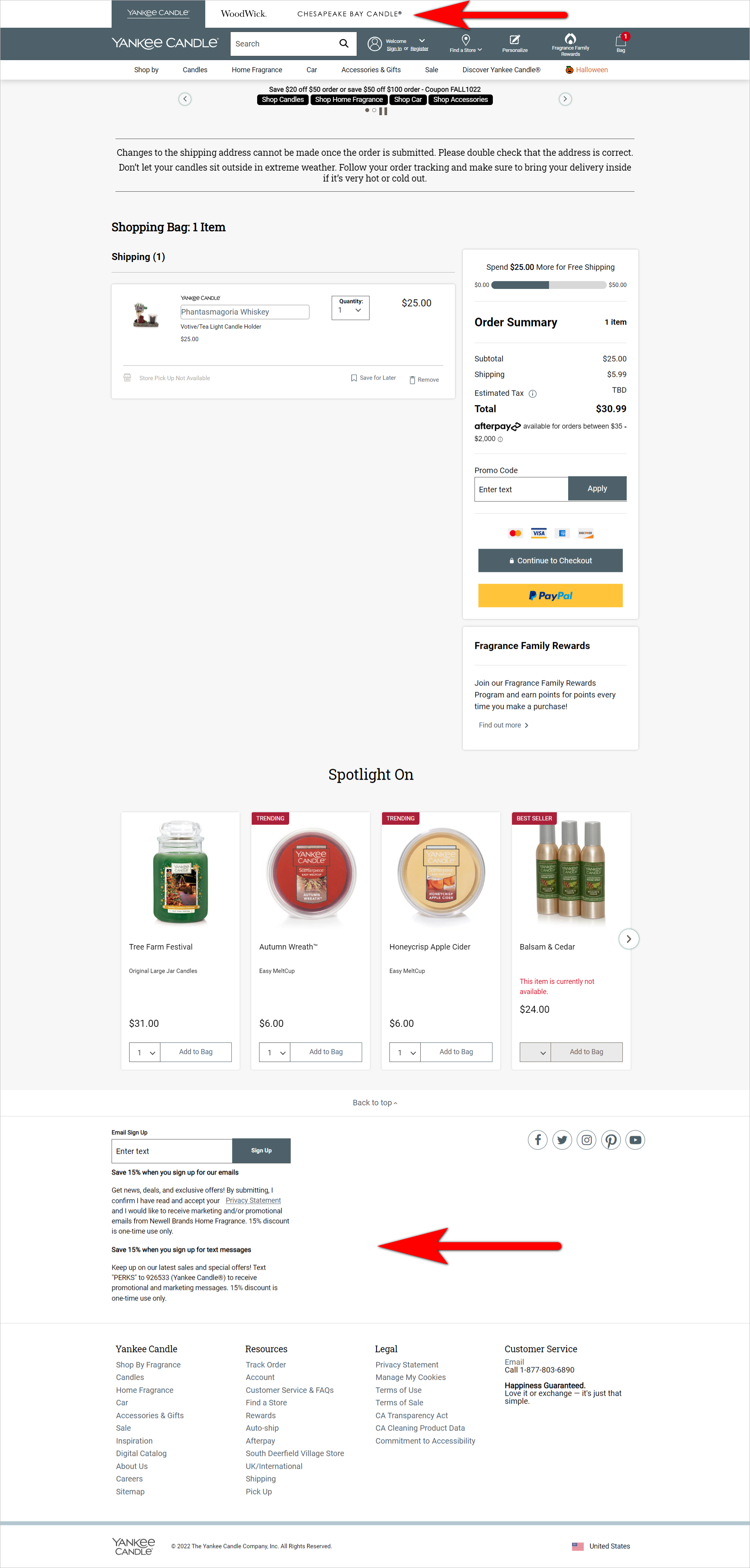 E-commerce checkout best practices – Yankee Candle’s shopping bag has several visual distractions that are removed in checkout