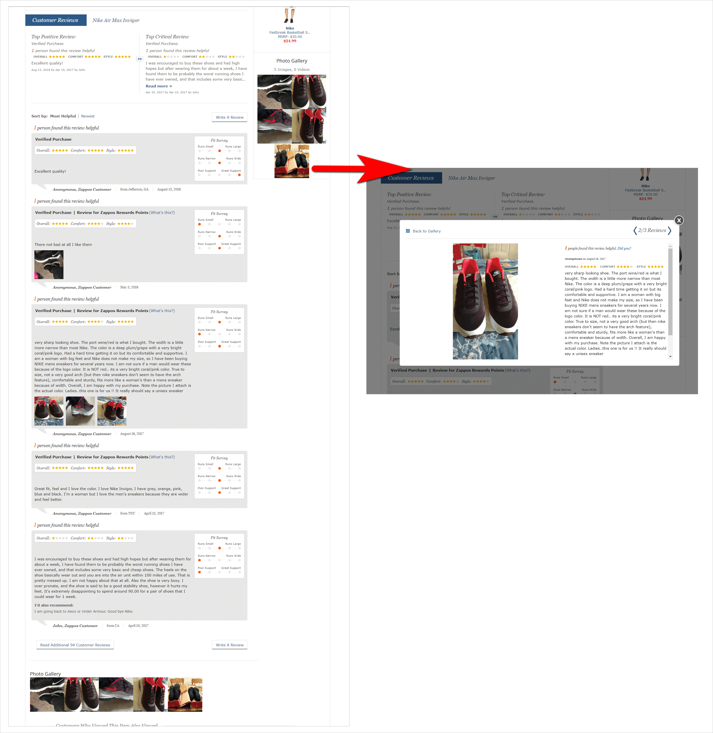 Customer reviews on Zappos.com product detail page with user-submitted photo gallery at the top of the section. Beside it is the popover, that comes up when the user clicks on a photo, with an enlarged image and the customer's comments.