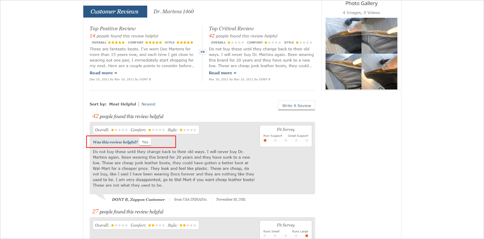Zappos.com website showing reviews